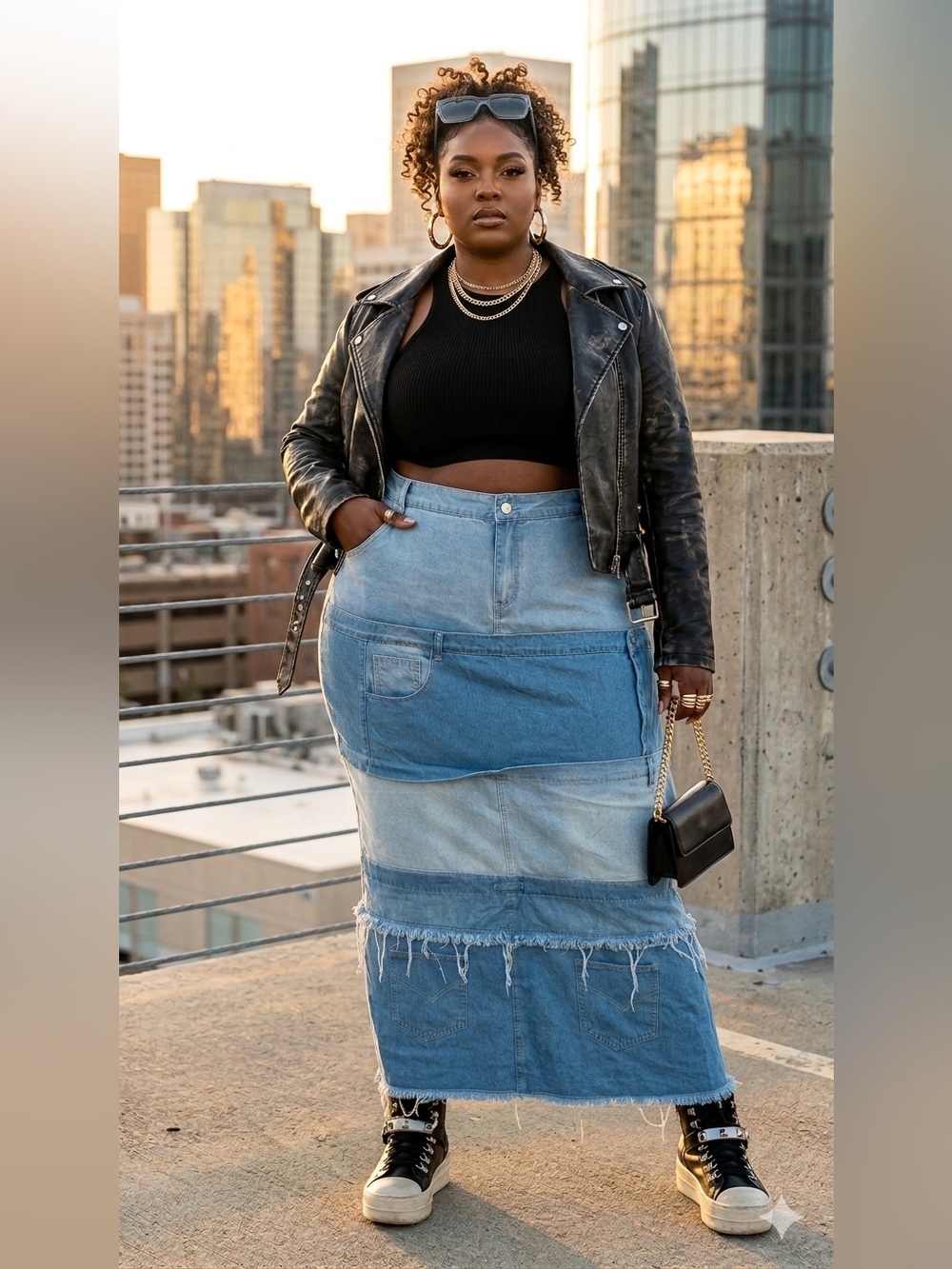 SIZE 4XL XPLUSWEAR® NEW Tiered Patchwork Denim Maxi Skirt Boho Blue Jean